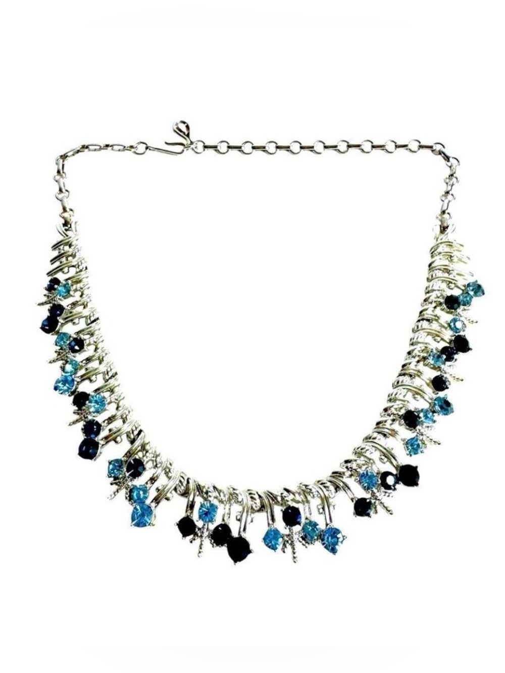 Vintage Blue Rhinestone Necklace CORO Silver Tone Icicle Bib Cocktail Collar Mod